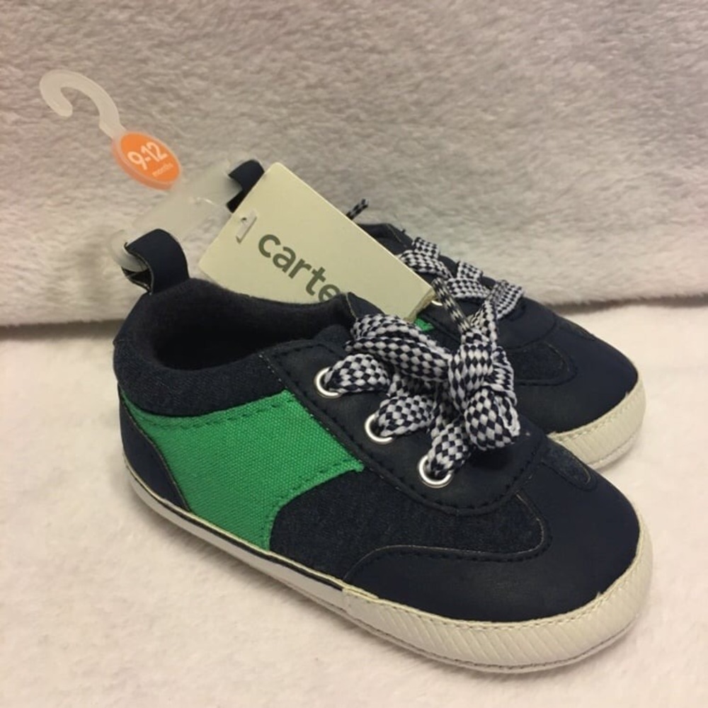 Carter's Sneakers Baby Boy 9-12 Months Navy Green NEW Soft Sole Crib Shoes